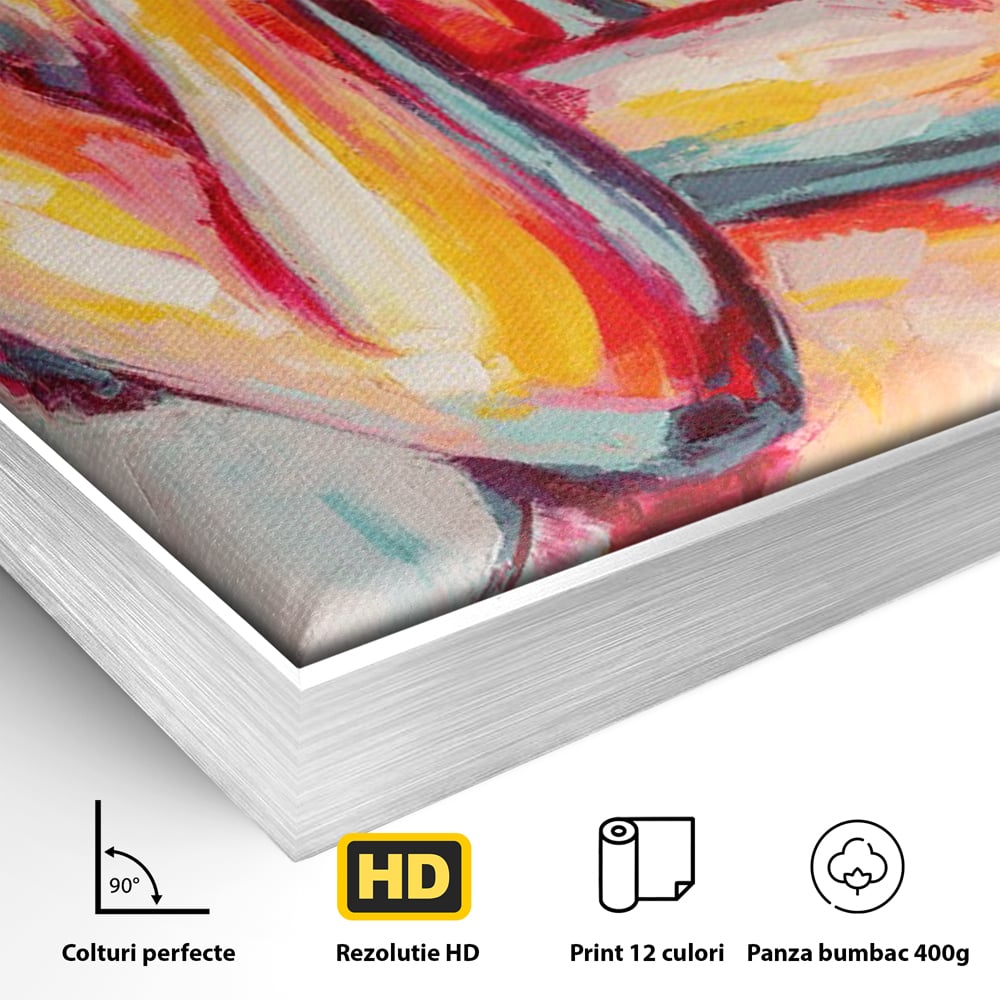 Detaliu al suprafetei: tablou canvas cu femeie nud abstracta, in rama de aluminiu argintiu